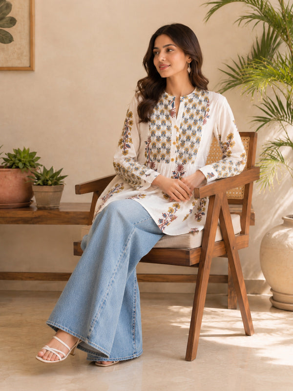Stylum Women's White Floral Printed Cotton A-Line Top (TOPWHITEEGYPT)