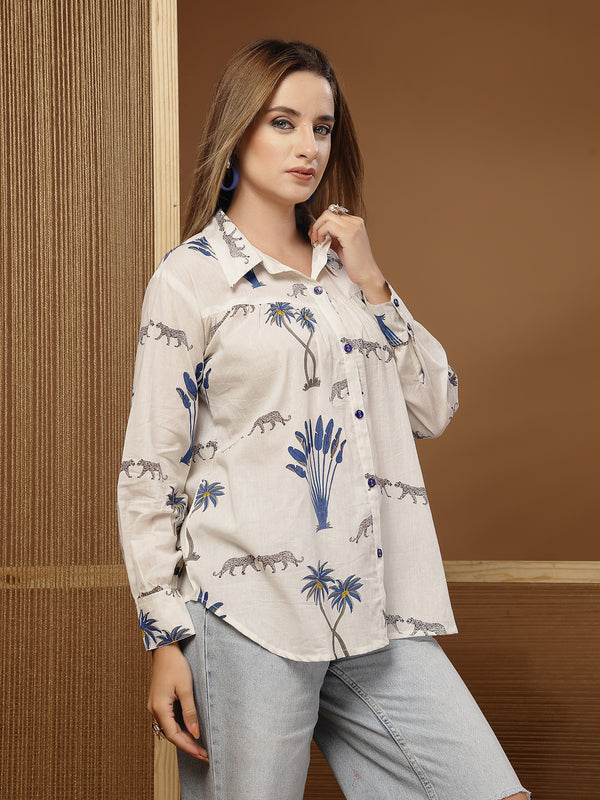 Stylum Women's White Palm Tree Printed Cotton Shirt (TOPWHITEKARA)
