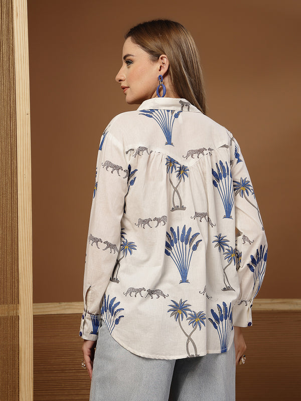 Stylum Women's White Palm Tree Printed Cotton Shirt (TOPWHITEKARA)