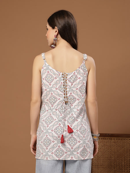 Stylum Women's White Bandhani Printed Rayon Straight Top (TOPWHITEPINATA)