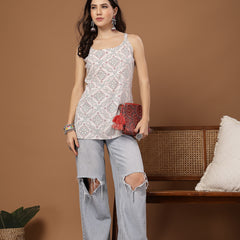 Stylum Women's White Bandhani Printed Rayon Straight Top (TOPWHITEPINATA)