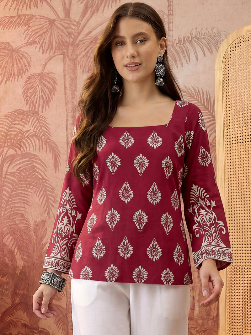 Stylum Women's Wine Block Printed Rayon Straight Top (TOPWINEMASKA)