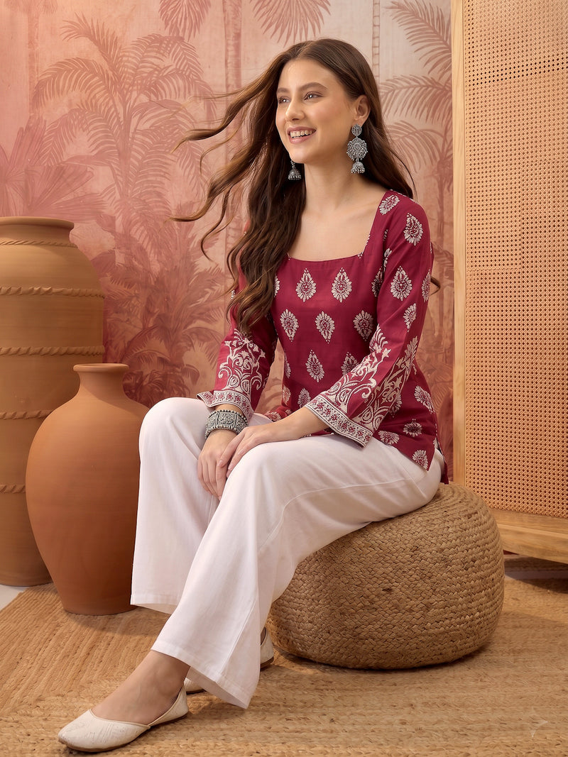 Stylum Women's Wine Block Printed Rayon Straight Top (TOPWINEMASKA)