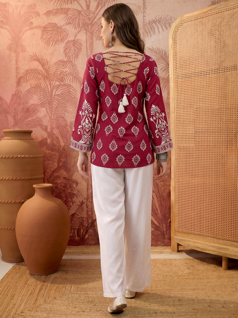 Stylum Women's Wine Block Printed Rayon Straight Top (TOPWINEMASKA)