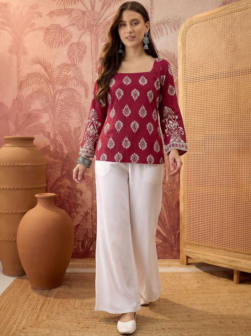 Stylum Women's Wine Block Printed Rayon Straight Top (TOPWINEMASKA)