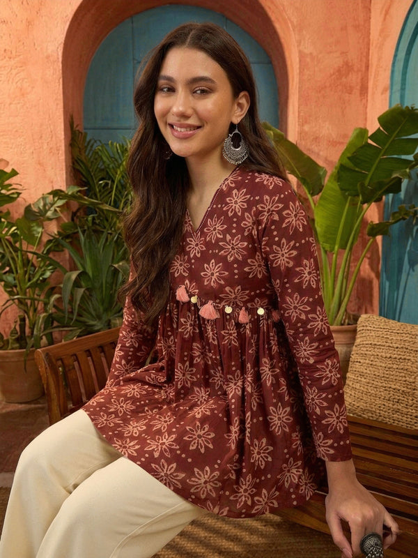 Stylum Women's Wine Ikkat Printed Cotton Empire Top (TOPWINETARUN)