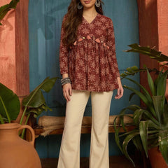 Stylum Women's Wine Ikkat Printed Cotton Empire Top (TOPWINETARUN)