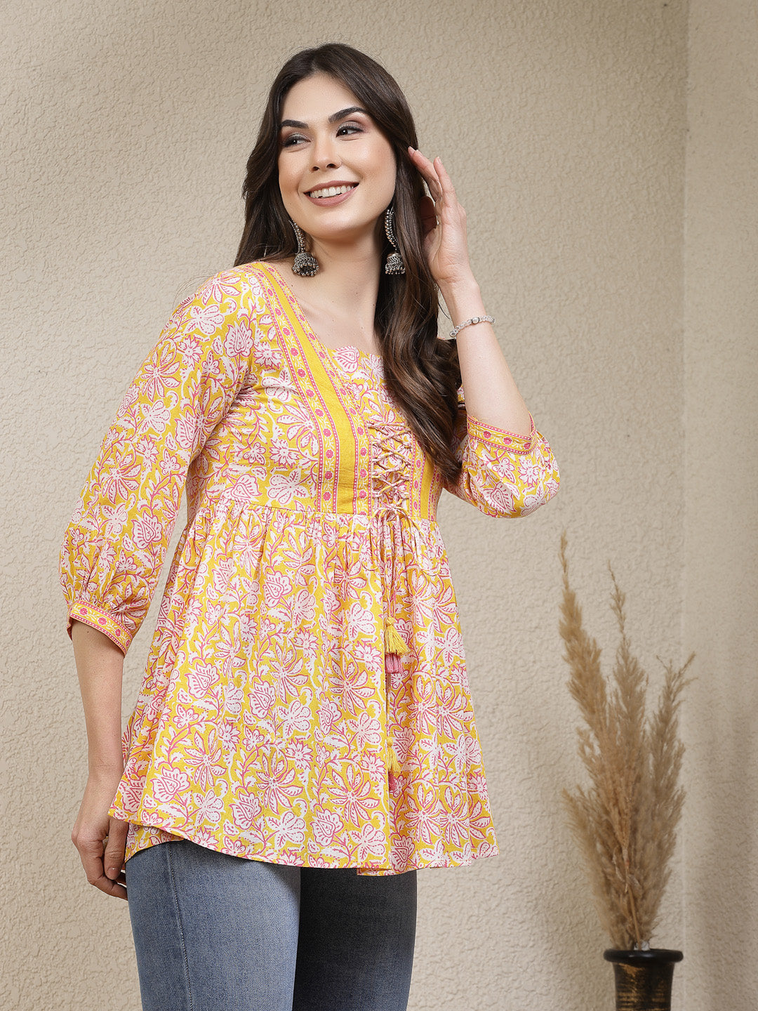 Stylum Women's Floral Printed Cotton Peplum Top (TOPYELLOWADITI)