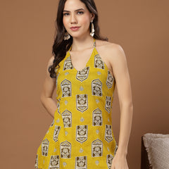 Stylum Women's Yellow Ethnic Printed Cotton Straight Top (TOPYELLOWBUZZ)