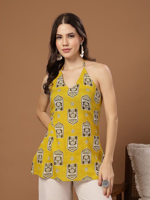 Stylum Women's Yellow Ethnic Printed Cotton Straight Top (TOPYELLOWBUZZ)
