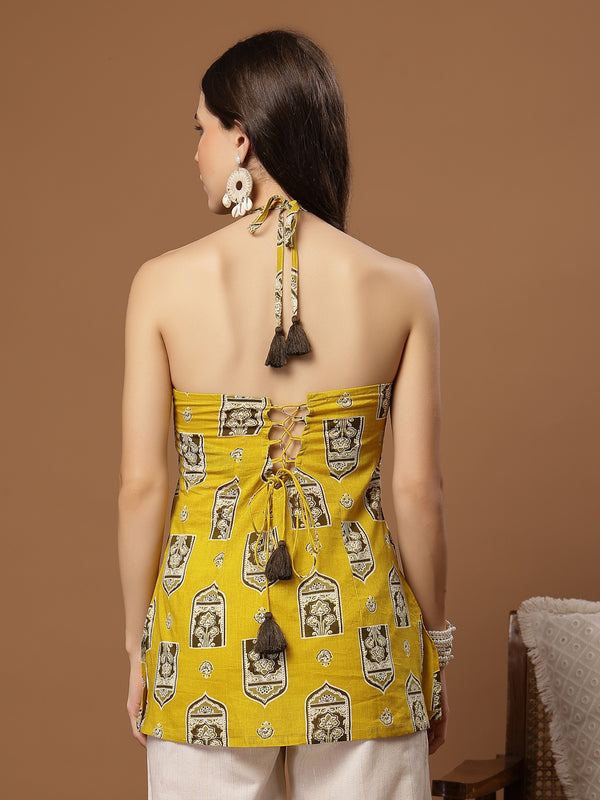 Stylum Women's Yellow Ethnic Printed Cotton Straight Top (TOPYELLOWBUZZ)