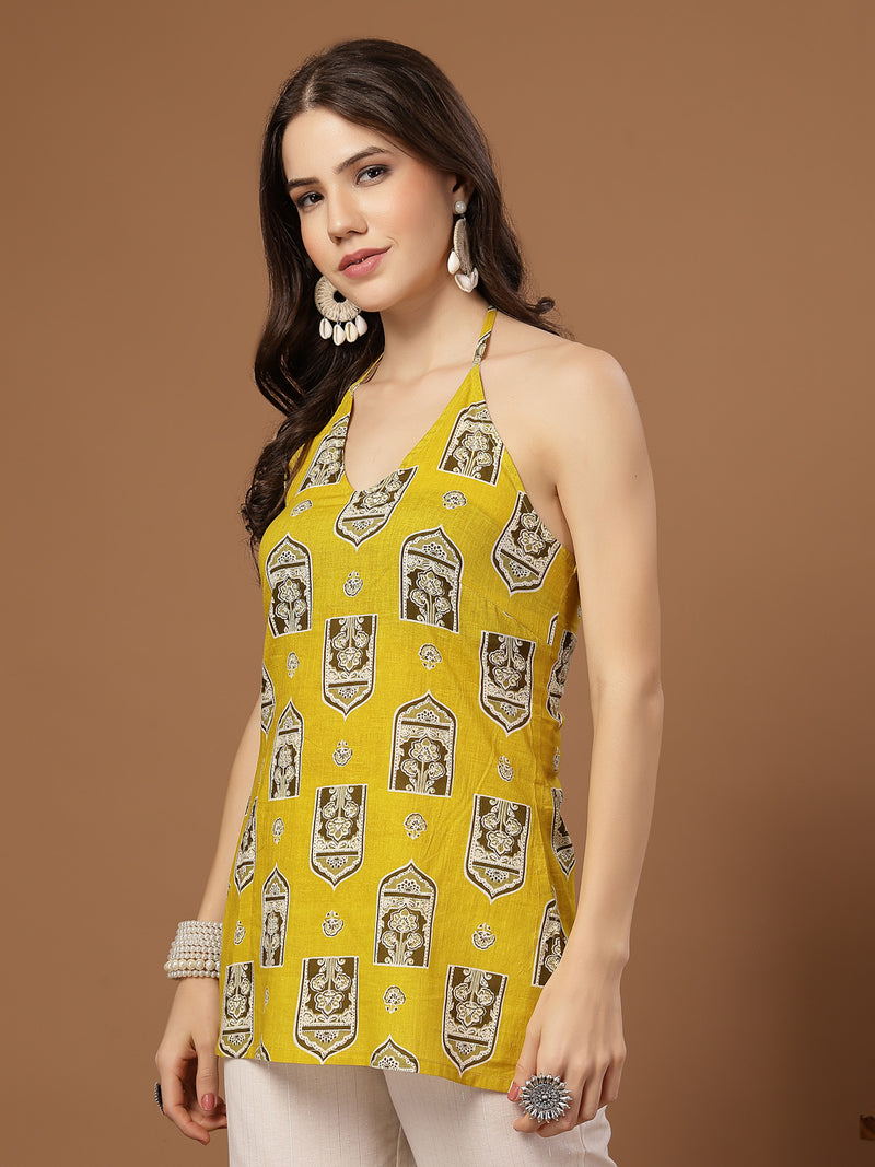 Stylum Women's Yellow Ethnic Printed Cotton Straight Top (TOPYELLOWBUZZ)