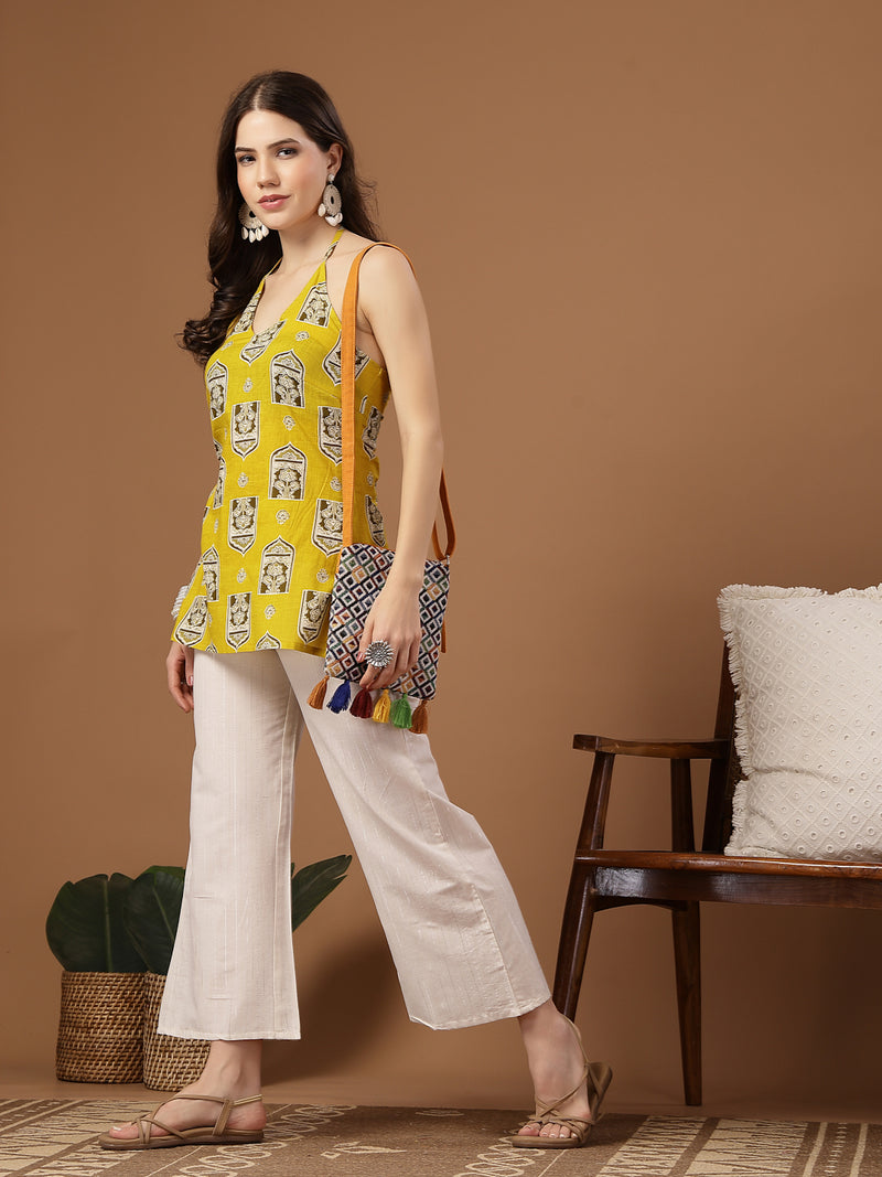 Stylum Women's Yellow Ethnic Printed Cotton Straight Top (TOPYELLOWBUZZ)