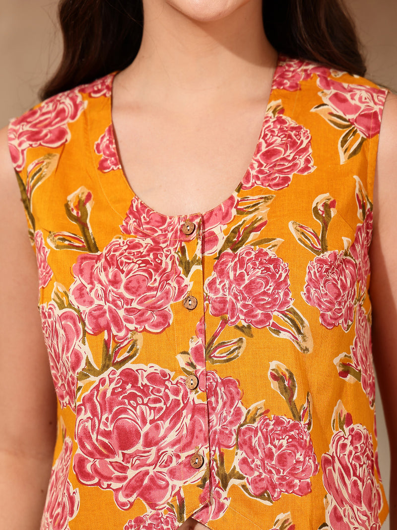 Stylum Women's Yellow Floral Printed Cotton Vest Top (TOPYELLOWGOLD)