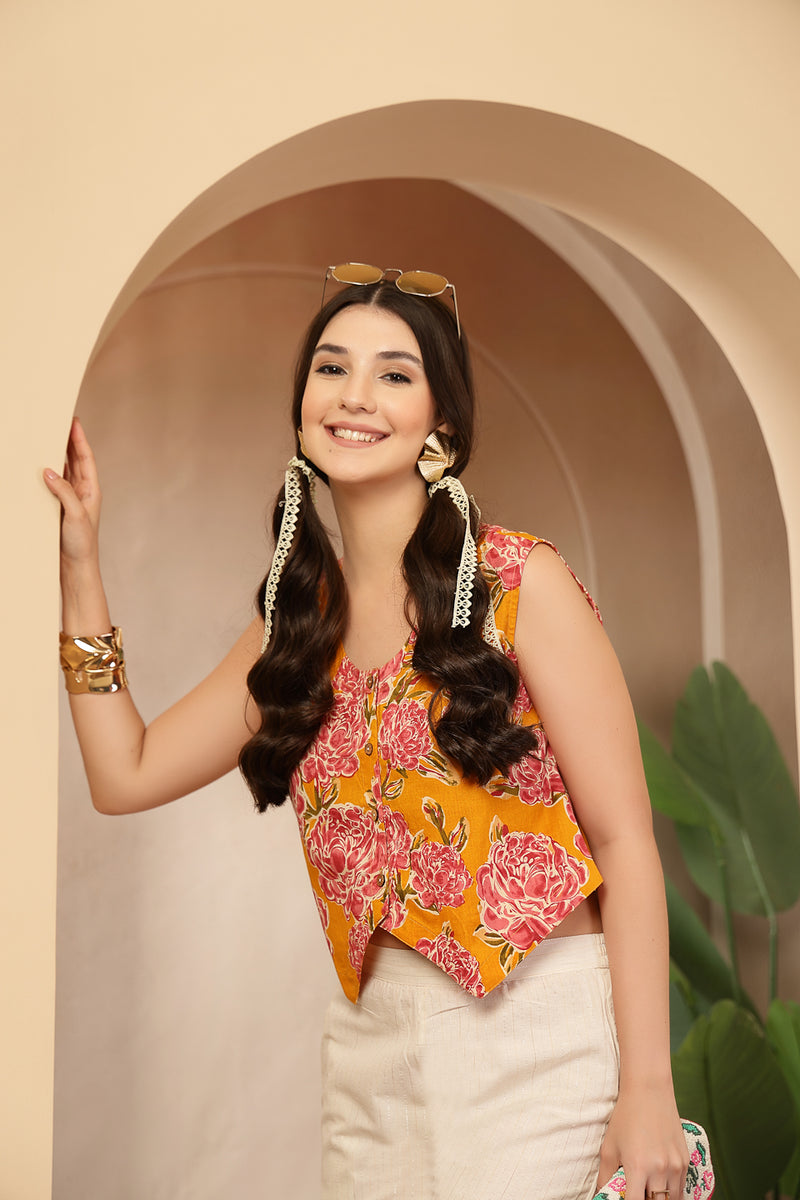 Stylum Women's Yellow Floral Printed Cotton Vest Top (TOPYELLOWGOLD)