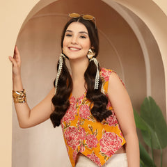 Stylum Women's Yellow Floral Printed Cotton Vest Top (TOPYELLOWGOLD)