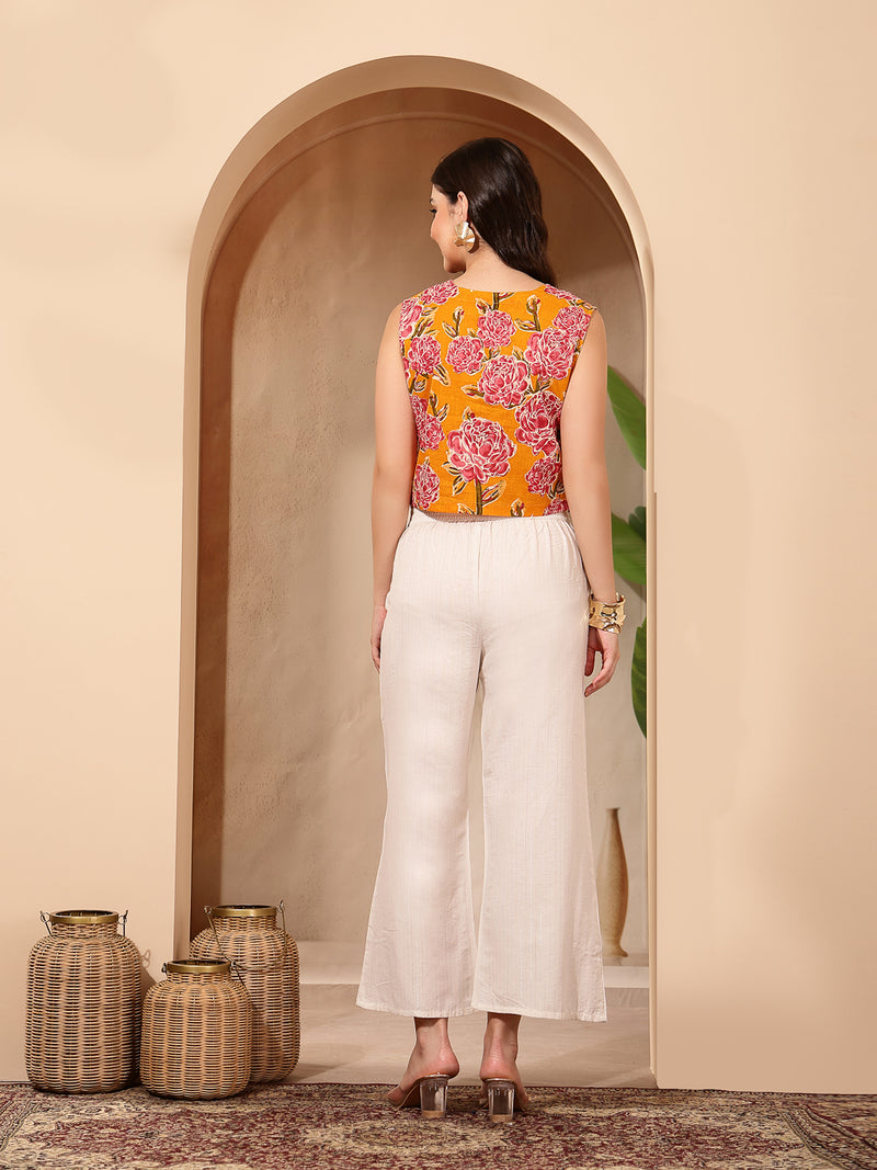 Stylum Women's Yellow Floral Printed Cotton Vest Top (TOPYELLOWGOLD)