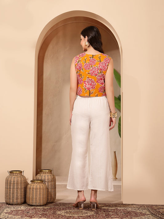 Stylum Women's Yellow Floral Printed Cotton Vest Top (TOPYELLOWGOLD)