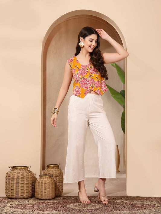 Stylum Women's Yellow Floral Printed Cotton Vest Top (TOPYELLOWGOLD)