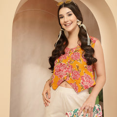 Stylum Women's Yellow Floral Printed Cotton Vest Top (TOPYELLOWGOLD)