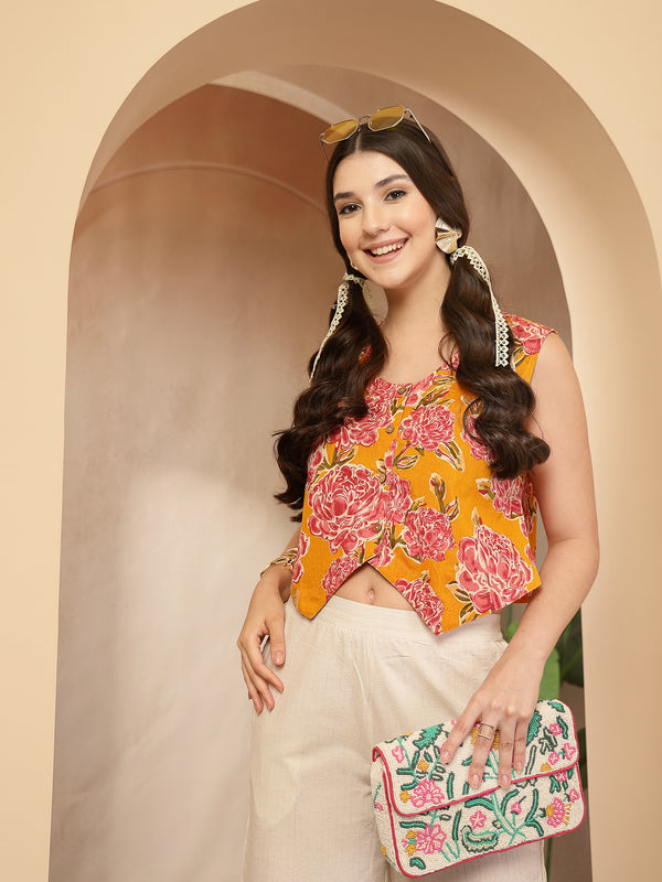 Stylum Women's Yellow Floral Printed Cotton Vest Top (TOPYELLOWGOLD)