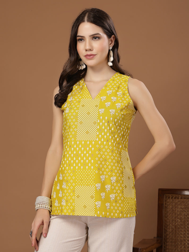 Stylum Women's Yellow Geometric Printed Rayon Straight Top (TOPYELLOWMOMO)