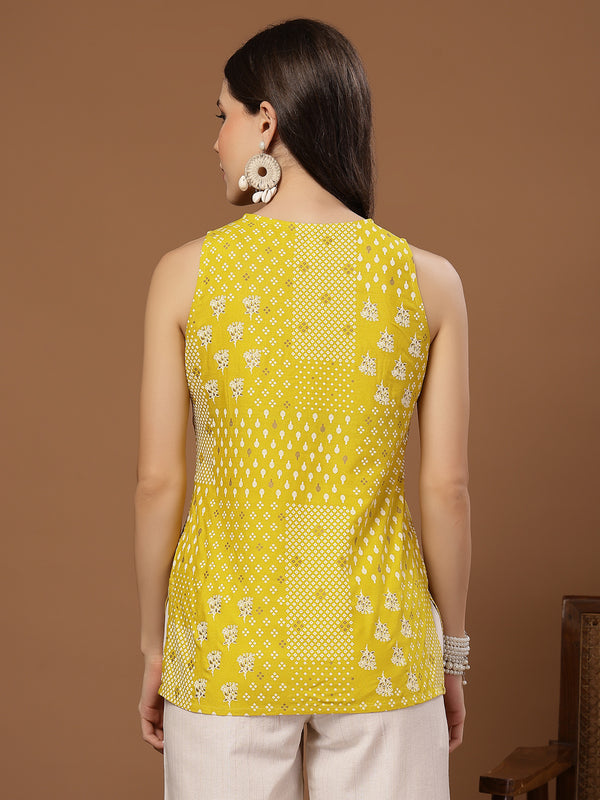 Stylum Women's Yellow Geometric Printed Rayon Straight Top (TOPYELLOWMOMO)