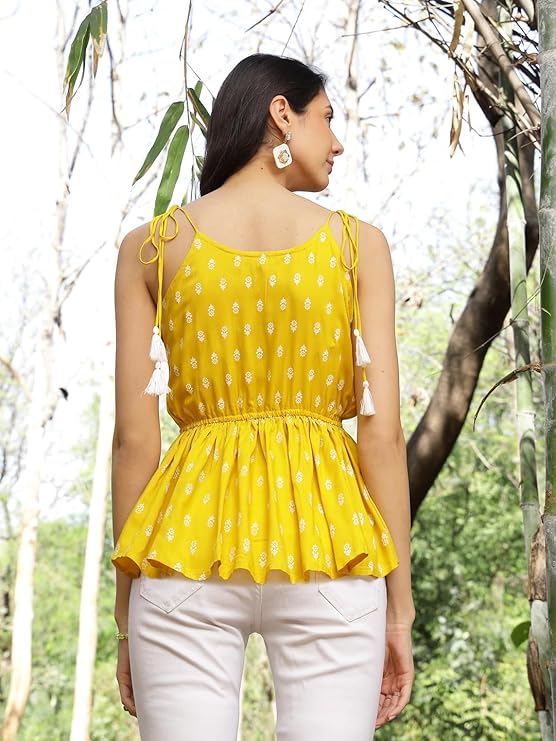 Stylum Women's Mustard Printed Rayon Short Peplum Top (TOPYELLOWPIGLET)