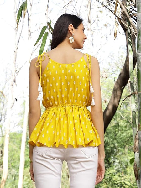Stylum Women's Mustard Printed Rayon Short Peplum Top (TOPYELLOWPIGLET)