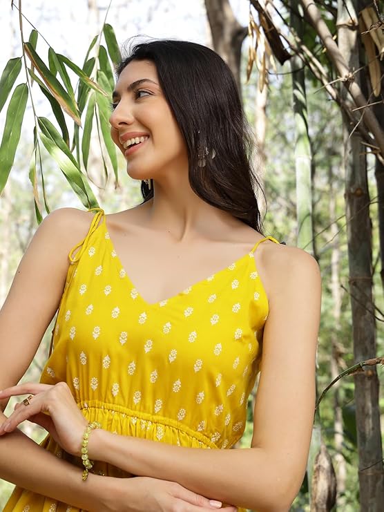 Stylum Women's Mustard Printed Rayon Short Peplum Top (TOPYELLOWPIGLET)