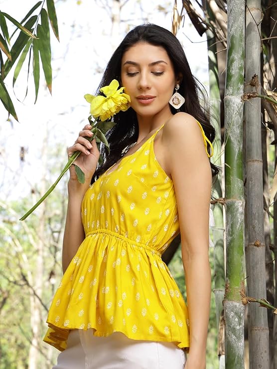 Stylum Women's Mustard Printed Rayon Short Peplum Top (TOPYELLOWPIGLET)