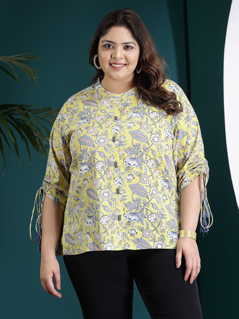 Plus Size Women's Floral Printed Cotton Shirt Style Top (TOPYELLOWTANVIPLUS)
