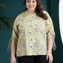 Plus Size Women's Floral Printed Cotton Shirt Style Top (TOPYELLOWTANVIPLUS)