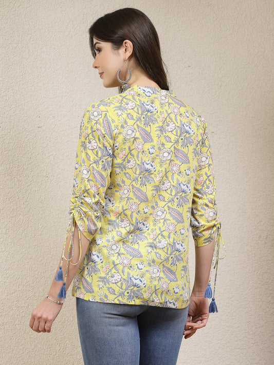 Stylum Women's Floral Printed Cotton Shirt Style Top (TOPYELLOWTANVI)