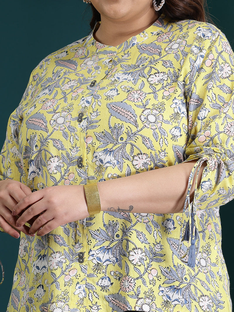 Plus Size Women's Floral Printed Cotton Shirt Style Top (TOPYELLOWTANVIPLUS)