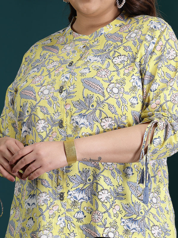 Plus Size Women's Floral Printed Cotton Shirt Style Top (TOPYELLOWTANVIPLUS)