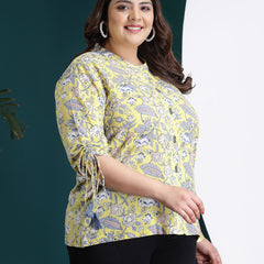 Plus Size Women's Floral Printed Cotton Shirt Style Top (TOPYELLOWTANVIPLUS)
