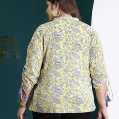 Plus Size Women's Floral Printed Cotton Shirt Style Top (TOPYELLOWTANVIPLUS)