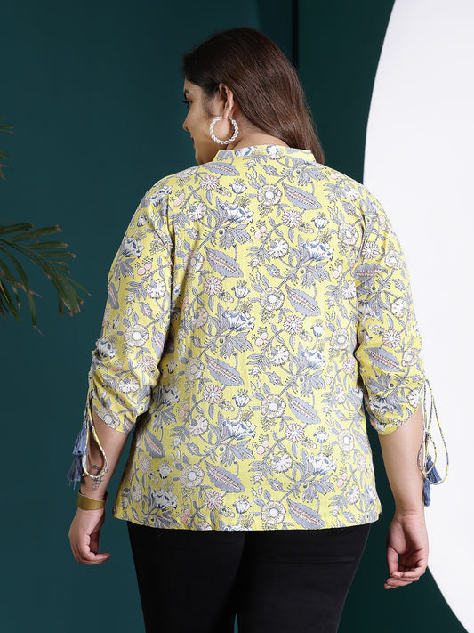 Plus Size Women's Floral Printed Cotton Shirt Style Top (TOPYELLOWTANVIPLUS)