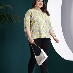Plus Size Women's Floral Printed Cotton Shirt Style Top (TOPYELLOWTANVIPLUS)
