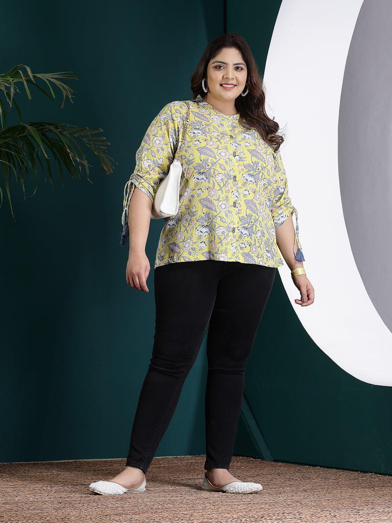 Plus Size Women's Floral Printed Cotton Shirt Style Top (TOPYELLOWTANVIPLUS)