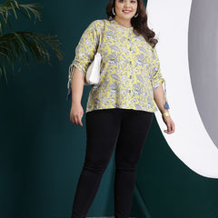 Plus Size Women's Floral Printed Cotton Shirt Style Top (TOPYELLOWTANVIPLUS)