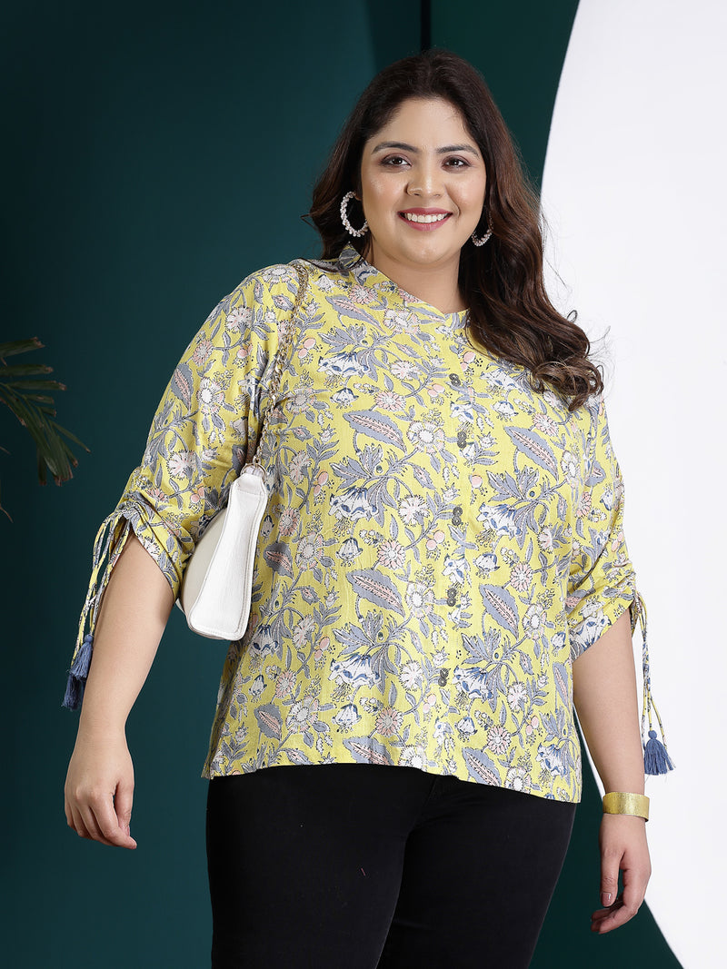 Plus Size Women's Floral Printed Cotton Shirt Style Top (TOPYELLOWTANVIPLUS)