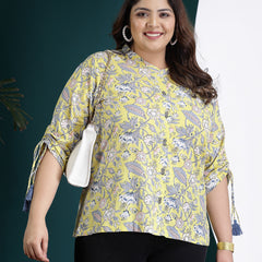 Plus Size Women's Floral Printed Cotton Shirt Style Top (TOPYELLOWTANVIPLUS)
