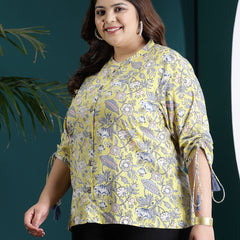 Plus Size Women's Floral Printed Cotton Shirt Style Top (TOPYELLOWTANVIPLUS)