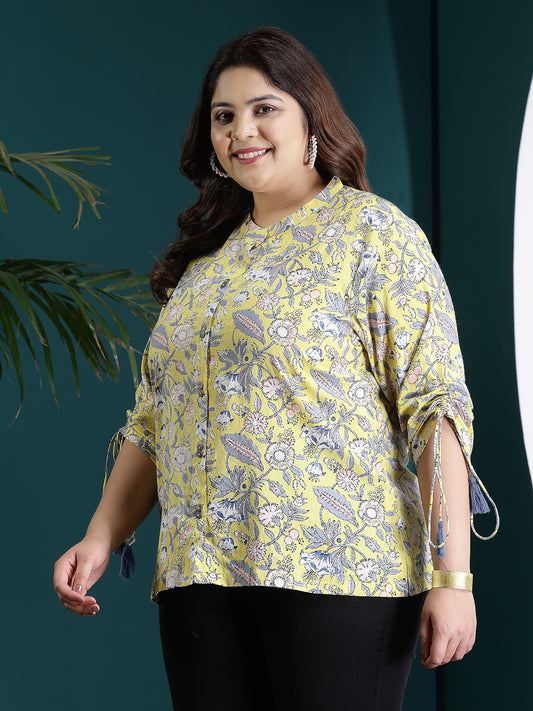 Plus Size Women's Floral Printed Cotton Shirt Style Top (TOPYELLOWTANVIPLUS)