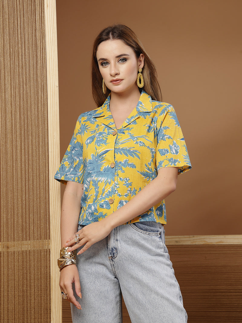 Stylum Women's Yellow Floral Printed Cotton Crop Top (TOPYELLOWZEMINI)