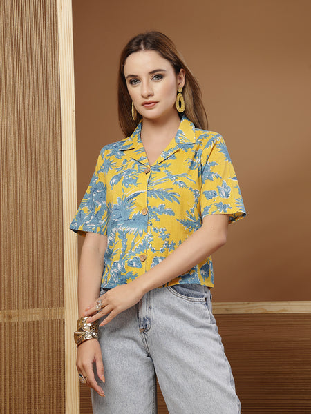 Stylum Women's Yellow Floral Printed Cotton Crop Top (TOPYELLOWZEMINI)