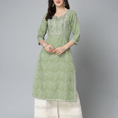 Stylum Women's Leheriya Printed & Embroidered Rayon Straight Kurta (TOYOTOGREEN)