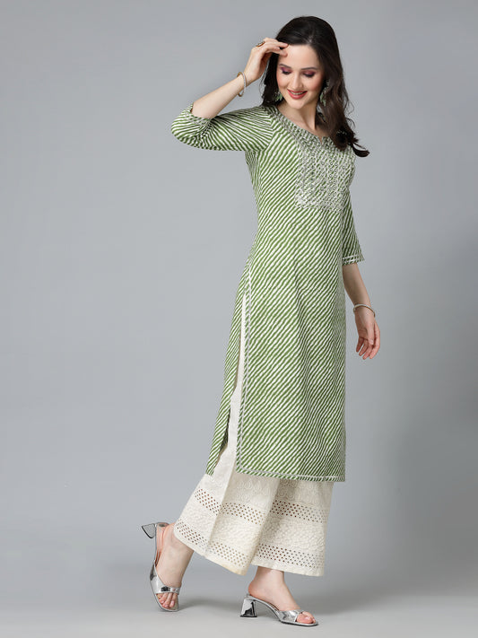 Stylum Women's Leheriya Printed & Embroidered Rayon Straight Kurta (TOYOTOGREEN)